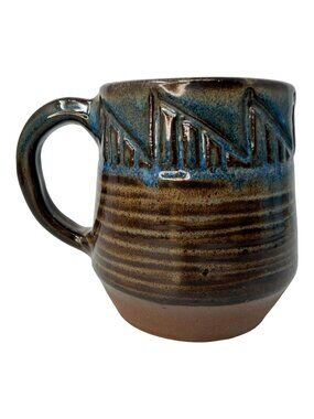 Handmade Studio Pottery Mug Blue Brown Drip Glaze Carved Band Signed DG 1990s